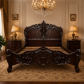 Handcrafted royal carved wooden bed frame dark walnut finish