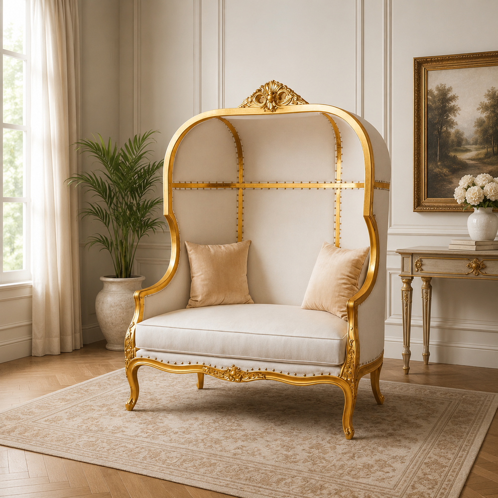 Royal high back teak wood sofa with gold carved frame and cream luxury upholstery