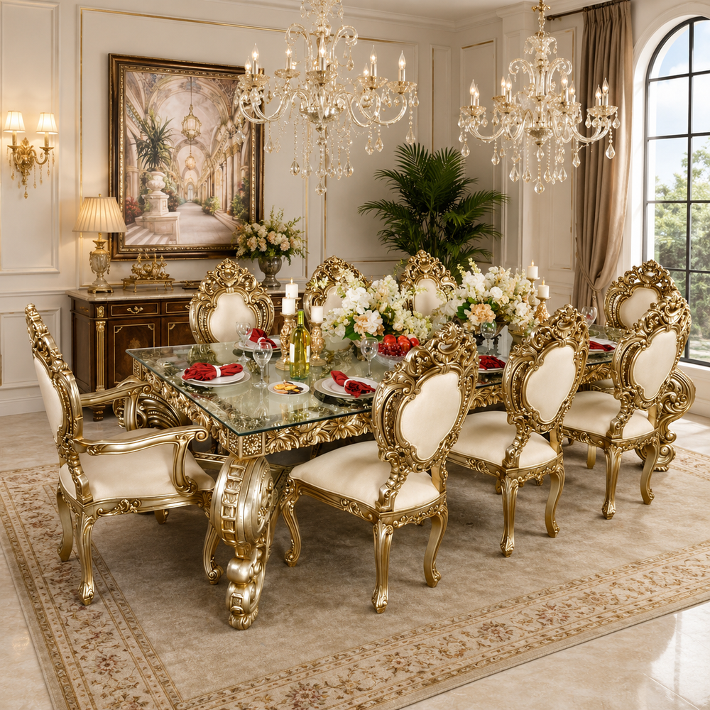 Royal teak wood luxury dining table set with golden finish