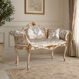 Royal hand-carved teak wood luxury sofa with gold finish and floral upholstery
