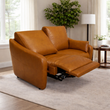 Modern brown leather 2-seater sofa with wooden frame