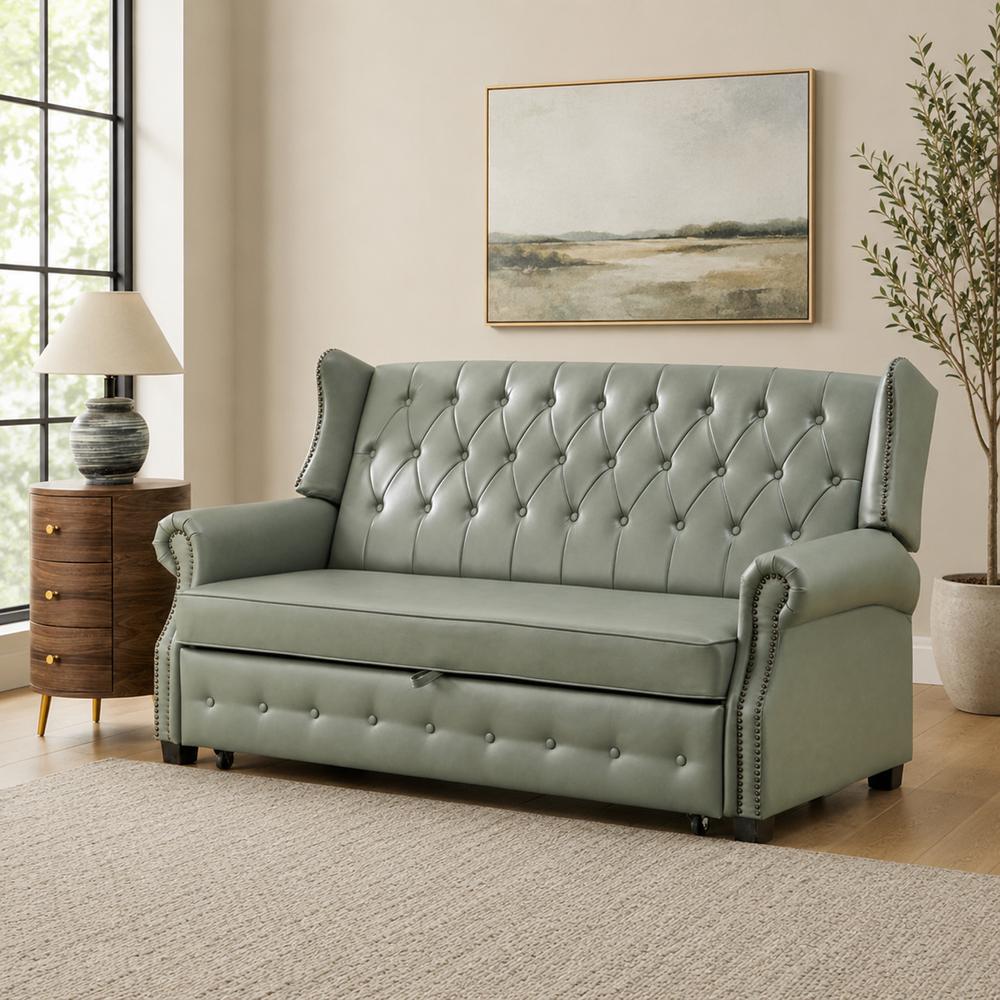 Sage green chesterfield sofa with tufted back
