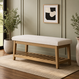 Solid teak wood entryway bench with upholstered seat