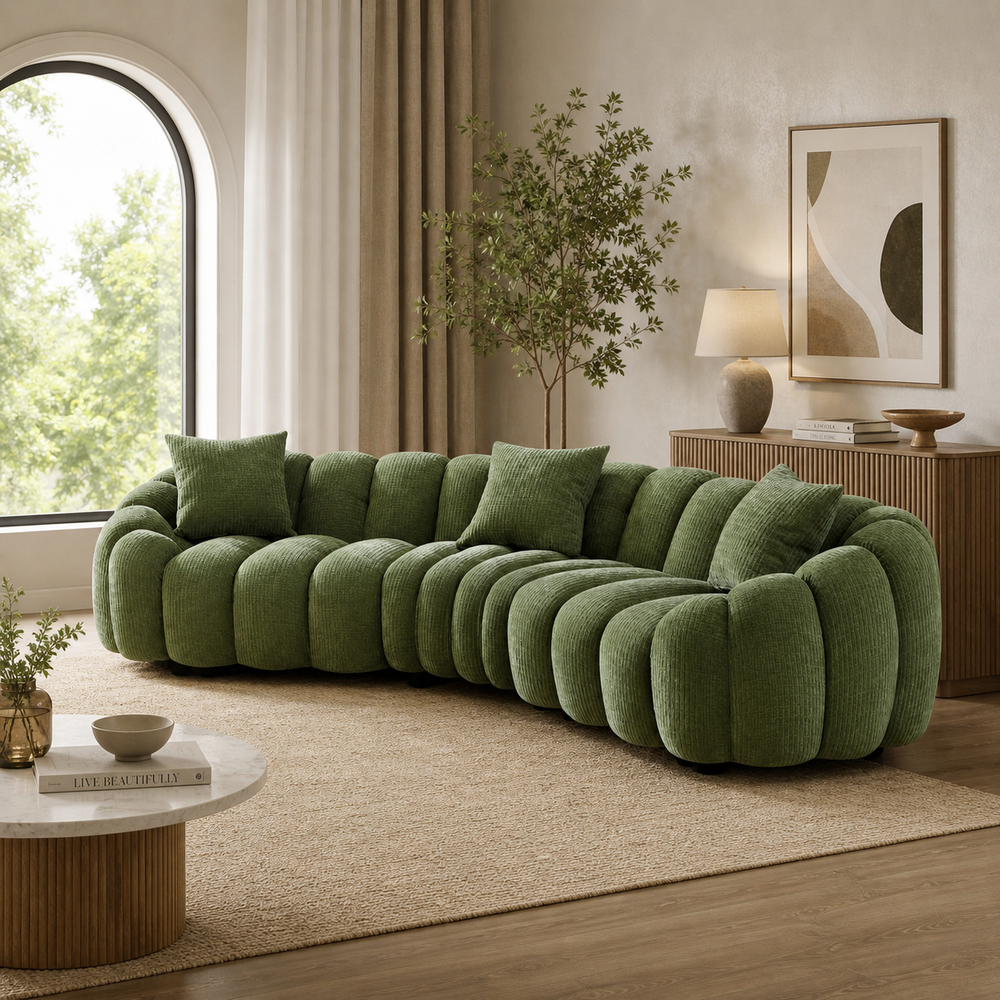Green curved cloud sectional sofa in bouclé fabric with teak wood frame