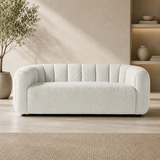 Luxury white bouclé sofa with solid teak wood frame