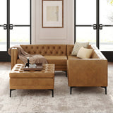 Luxury caramel leather sectional sofa with solid teak wood frame