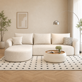 Modern curved teak wood sofa set in ivory fabric for luxury living room