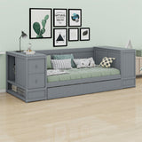 Grey wooden daybed with side cabinets