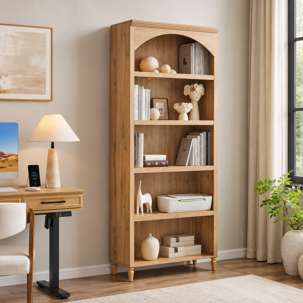 Solid teak wood bookshelf with arch top design