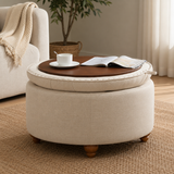 Round storage ottoman coffee table with teak wood tray