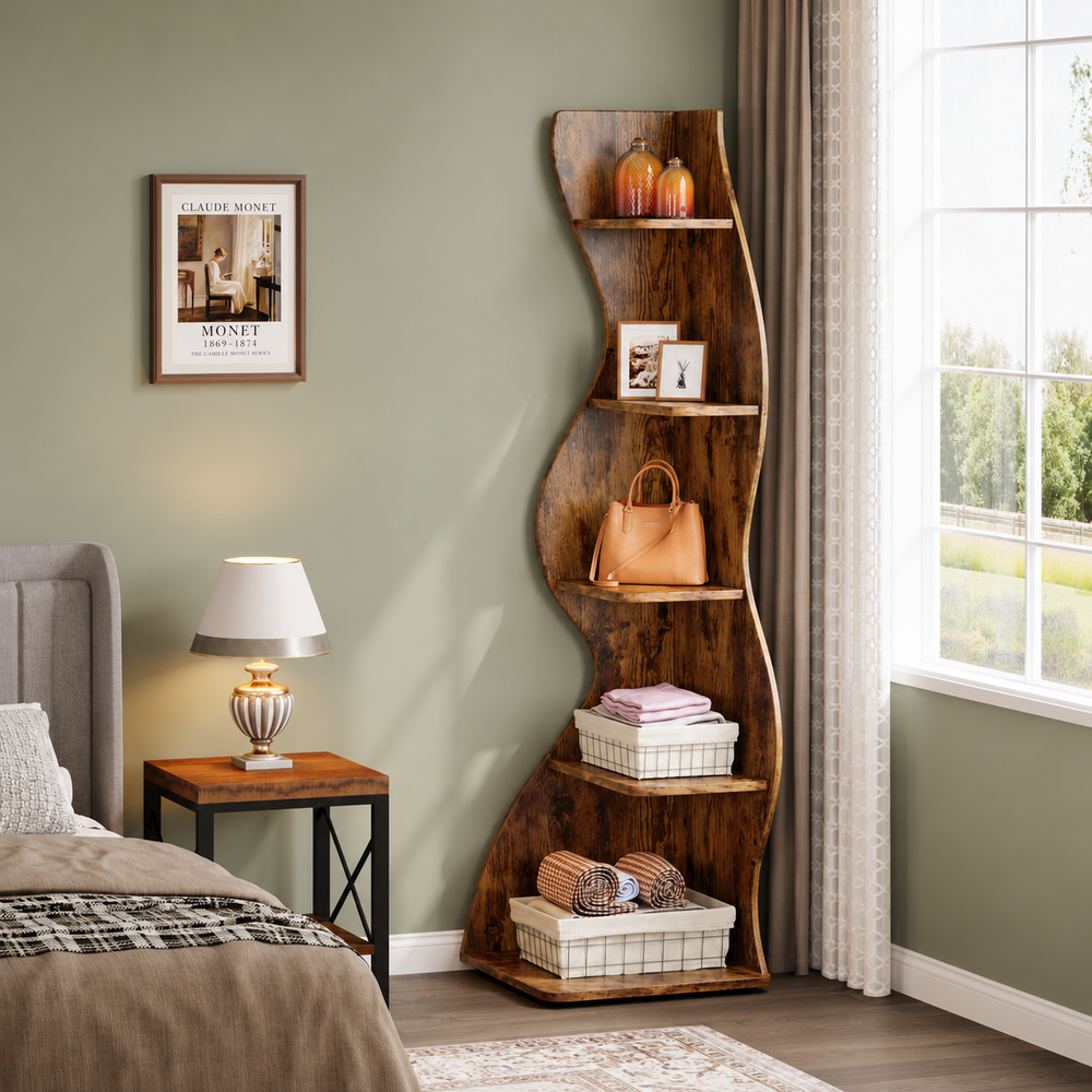 Solid teak wood wave corner bookshelf in bedroom setting