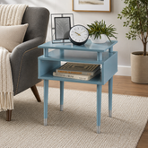 Sky Rise Decor teak wood bedside table with open shelf in modern blue finish