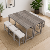 Teak wood space saving dining table set with nesting stools