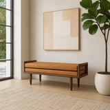 Teak wood upholstered entryway bench by Sky Rise Decor