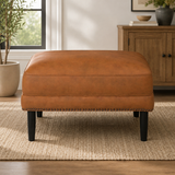 Premium teak wood ottoman stool with tan leather upholstery