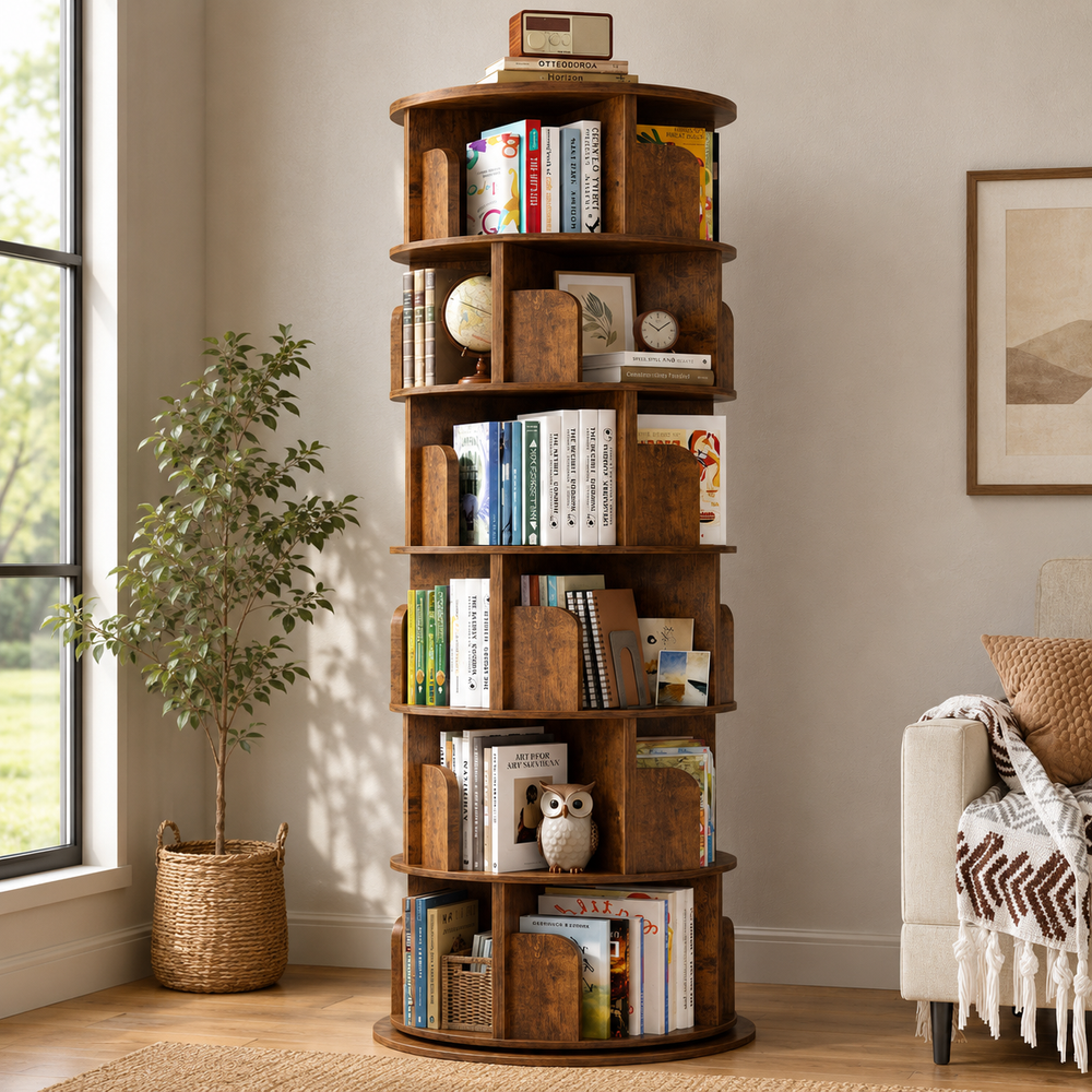 Solid teak wood rotating bookshelf with multi-tier storage shelves
