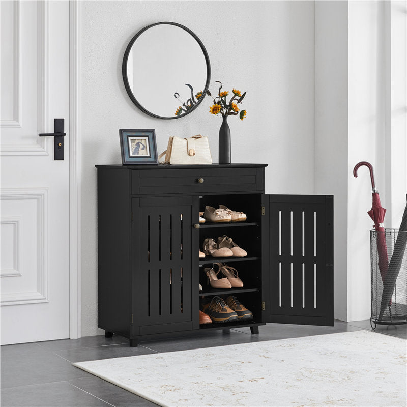 Solid teak wood shoe cabinet with drawer and double doors in black finish
