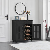 Solid teak wood shoe cabinet with drawer and double doors in black finish