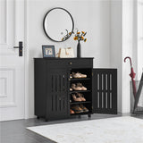 Solid teak wood shoe cabinet with drawer and double doors in black finish