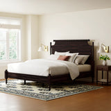 Sky Rise Decor dark wood queen size turned post bed with white bedding