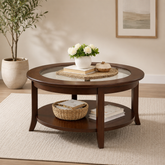 Round solid teak wood coffee table with tempered glass top