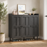 Teak wood shoe storage cabinet in modern entryway