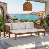 Solid teak wood outdoor daybed sofa with white cushions