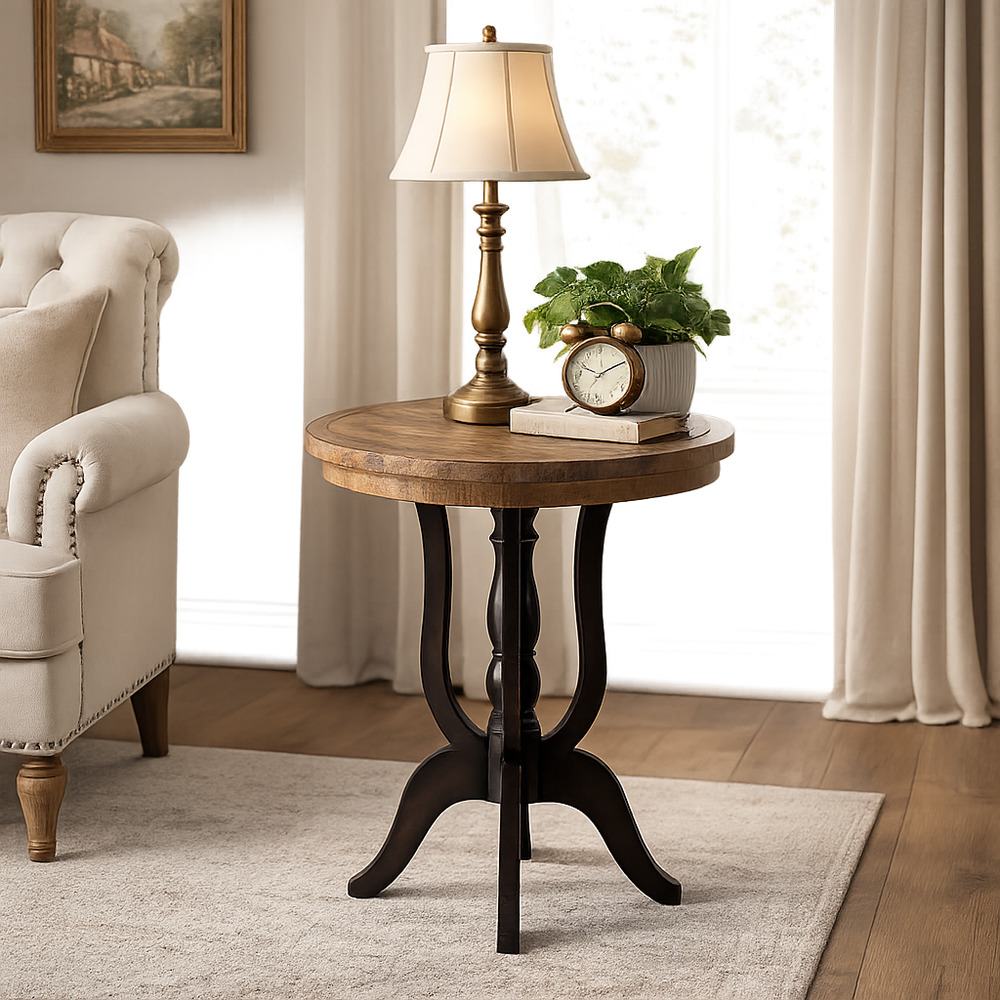 Handcrafted solid teak wood round side table with black pedestal base