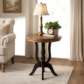 Handcrafted solid teak wood round side table with black pedestal base
