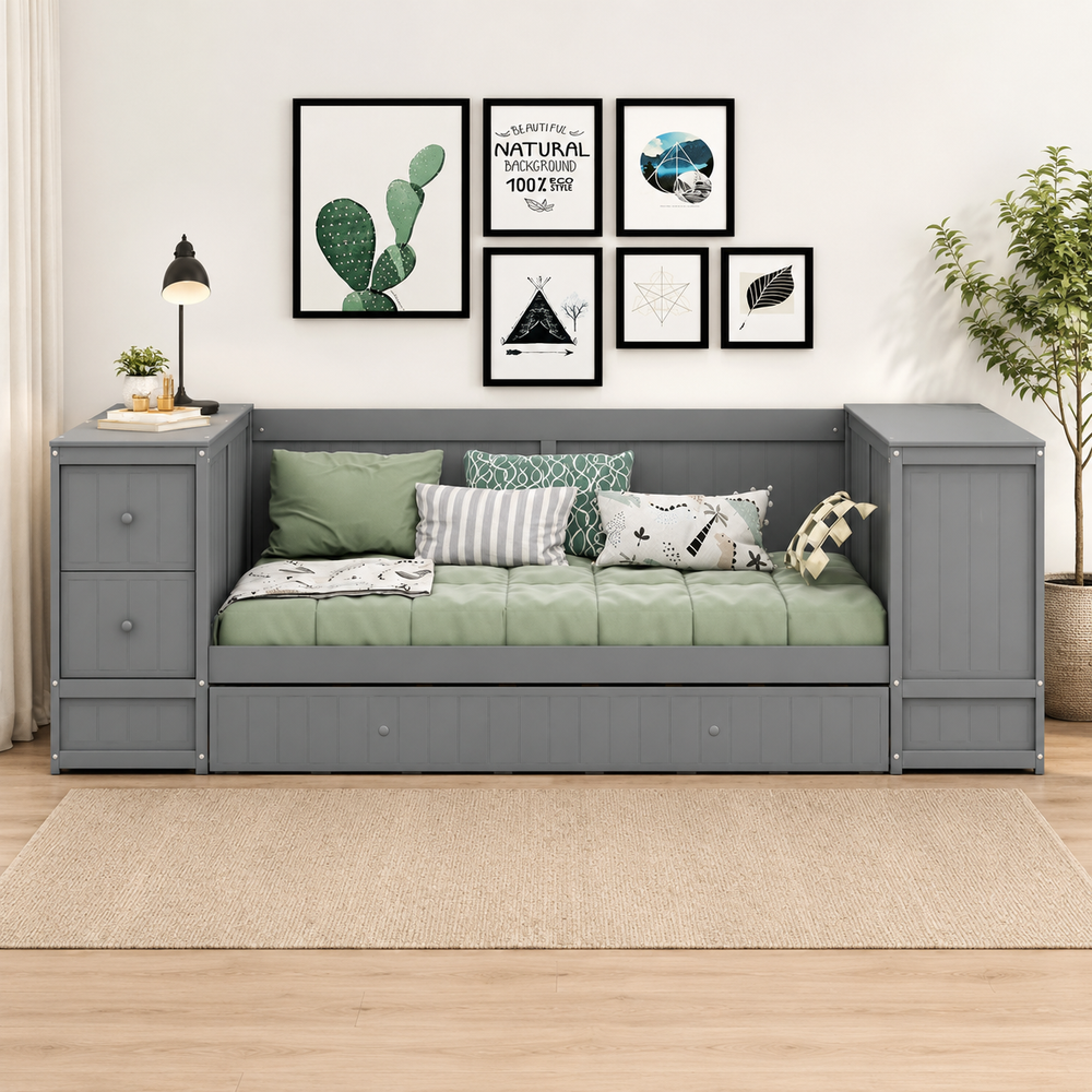 Solid teak wood storage daybed with trundle