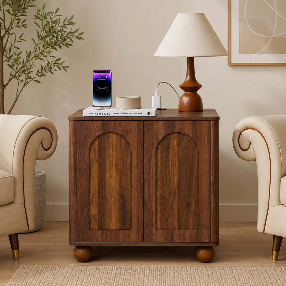 Solid teak wood bedside cabinet with arched doors