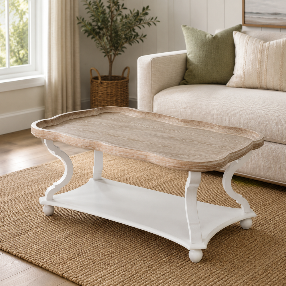 Solid teak wood coffee table with white storage shelf