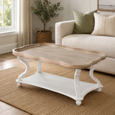 Solid teak wood coffee table with white storage shelf