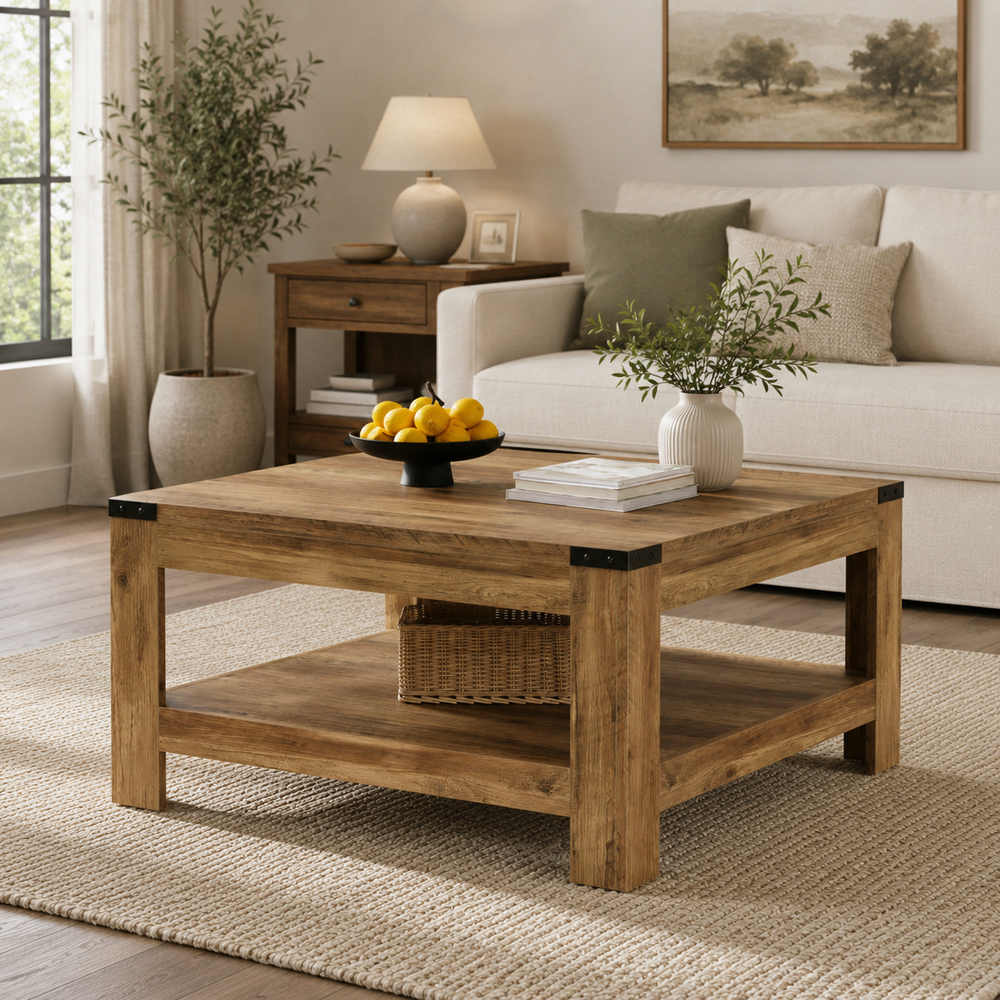 Solid teak wood coffee table with lower storage shelf