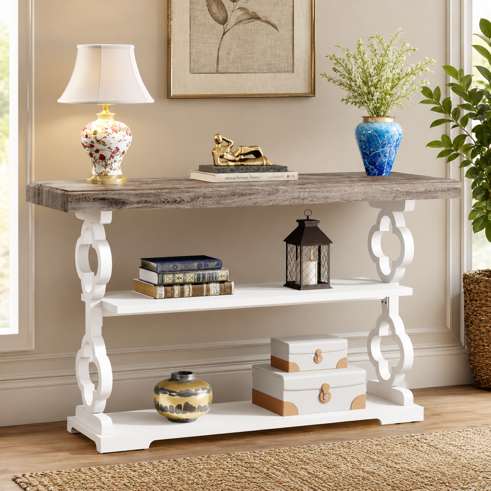 Solid teak wood console table with storage shelves
