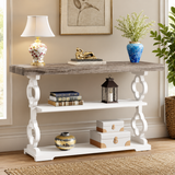 Solid teak wood console table with storage shelves