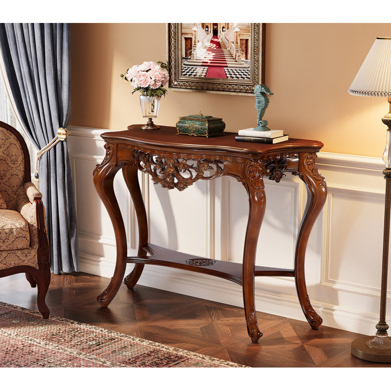 Handcrafted teak wood carved console table with elegant curved legs