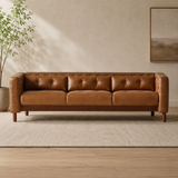 Premium teak wood leather sofa in tan brown finish