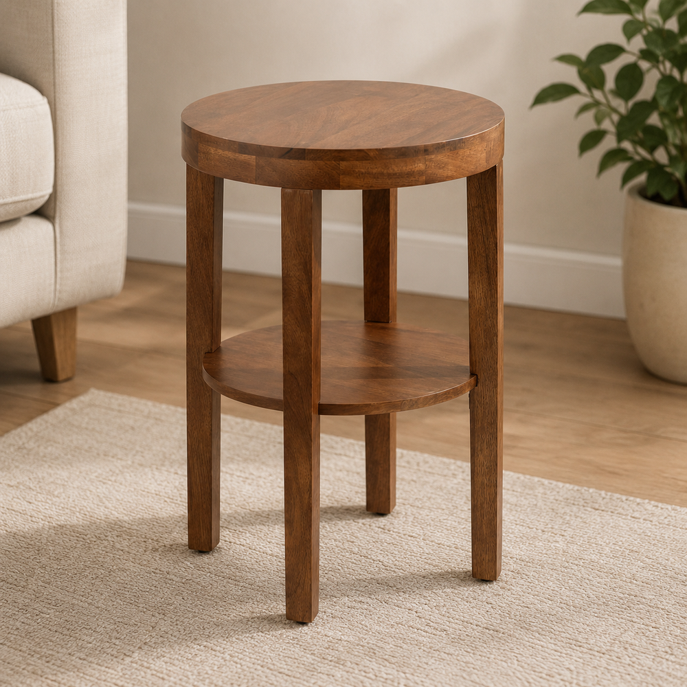 Solid teak wood round side table with storage shelf