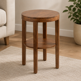 Solid teak wood round side table with storage shelf