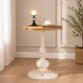 Solid teak wood round side table with white pedestal base