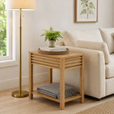 Solid teak wood side table with storage shelf