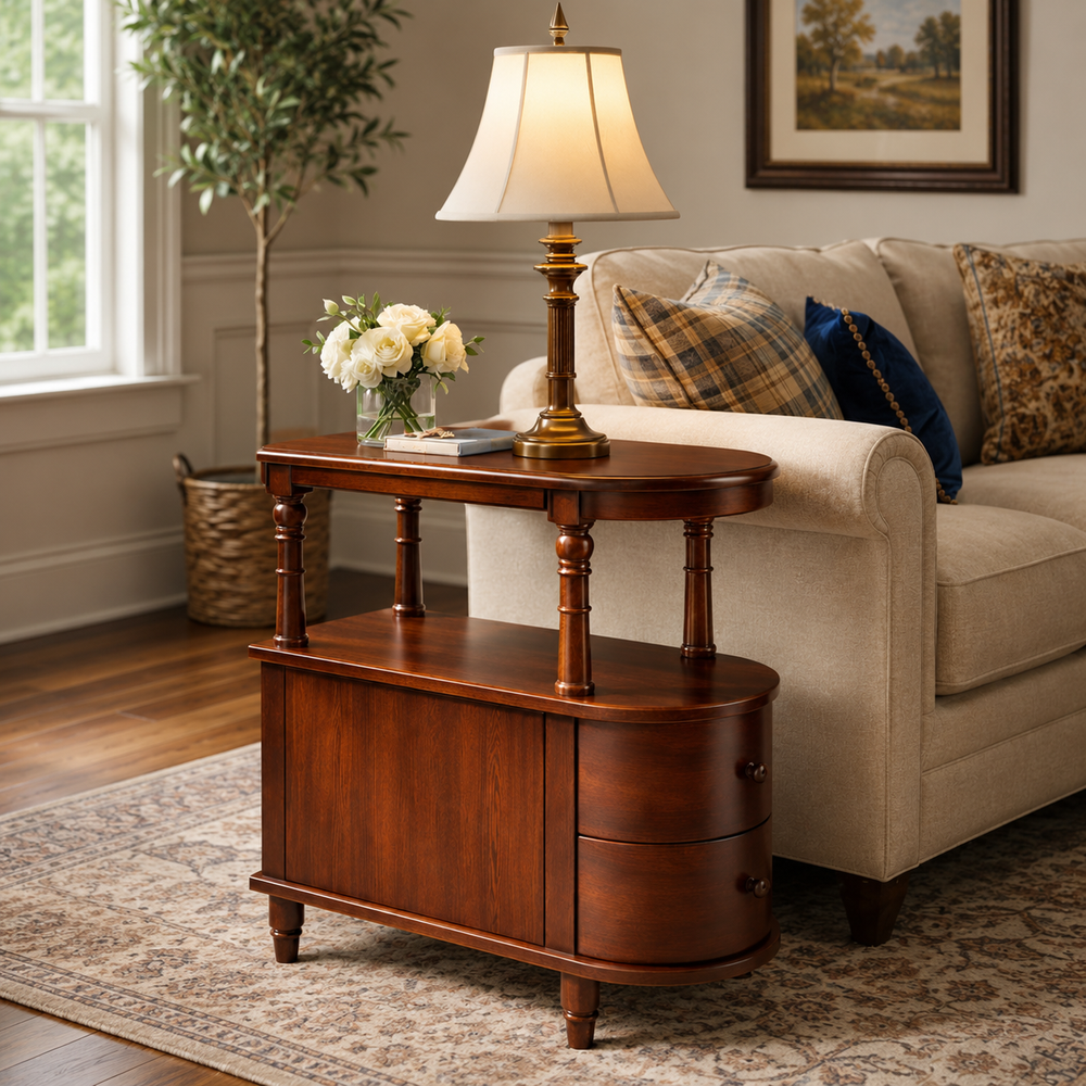 Solid teak wood sofa side table with drawers and cabinet storage