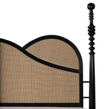 Modern solid teak wood bed with natural cane panels and sculptural design