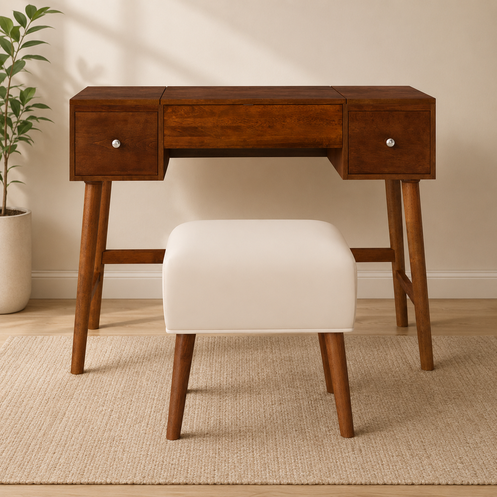 Solid teak wood writing desk with upholstered stool
