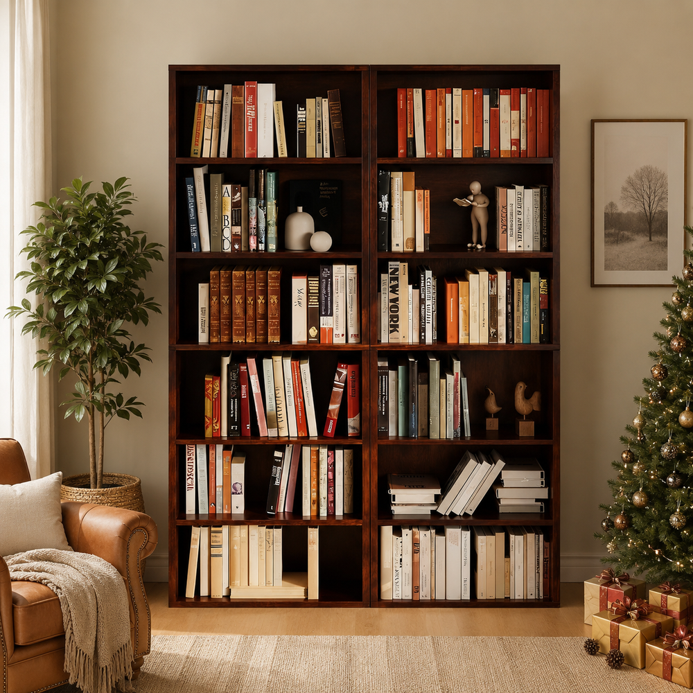 Solid teak wood bookshelf with six open shelves in walnut finish