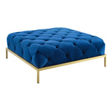 Modern blue velvet upholstered ottoman with solid teak wood construction