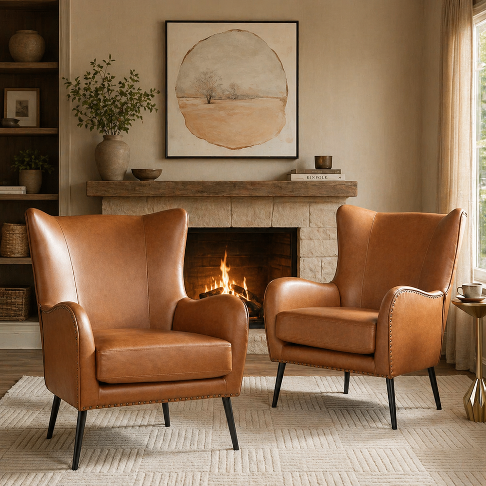 Teak wood wingback accent chair set in tan faux leather