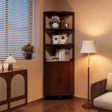Dark teak corner cabinet with doors for home organization