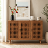Teak wood cane sideboard cabinet with mid-century modern design